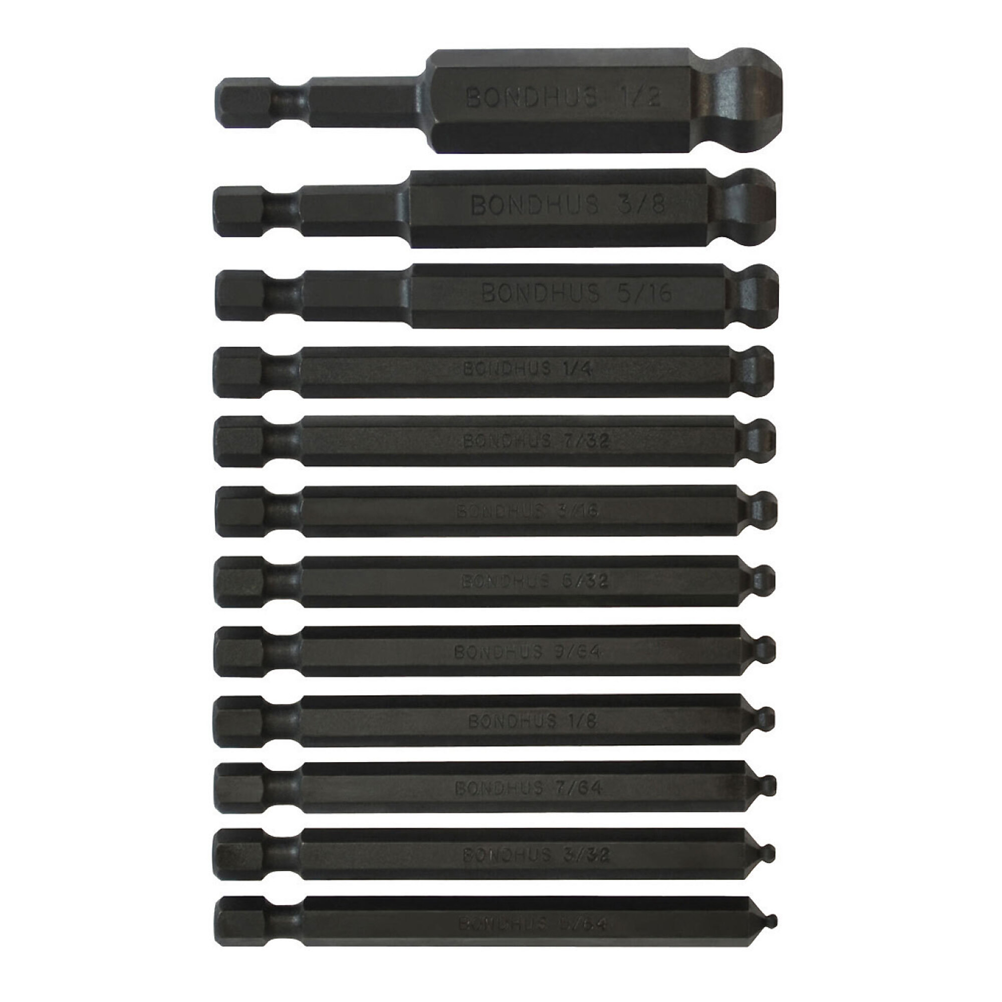Bondhus Ball End Power Bit Set of 12, 5/64-1/2", Model 10836